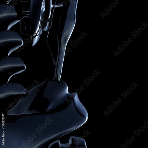 Opening scene with Close-up of a Metallic Robot with Red Eyes. 3d animation of skeleton, hand and skull of a cyborg