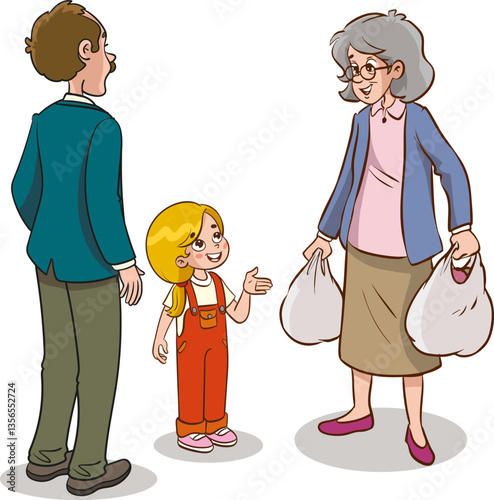 Cute little boy wants to help his grandmother carry the grocery bag