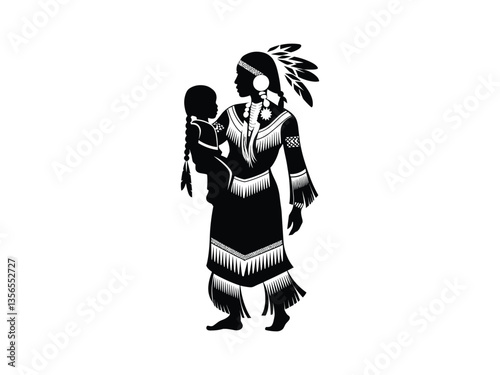 Native American Mother Silhouette Vector: Tribal Mom & Child Art