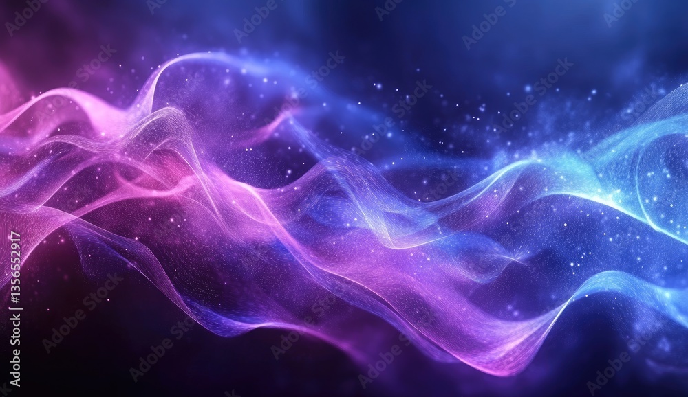 Abstract flowing ethereal waves of vibrant purple and blue light with glowing particles Abstract flowing ethereal waves of vibrant purple and blue light with glowing particles