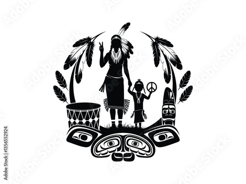 Native American Mother Silhouette Vector: Tribal Mom & Child Art