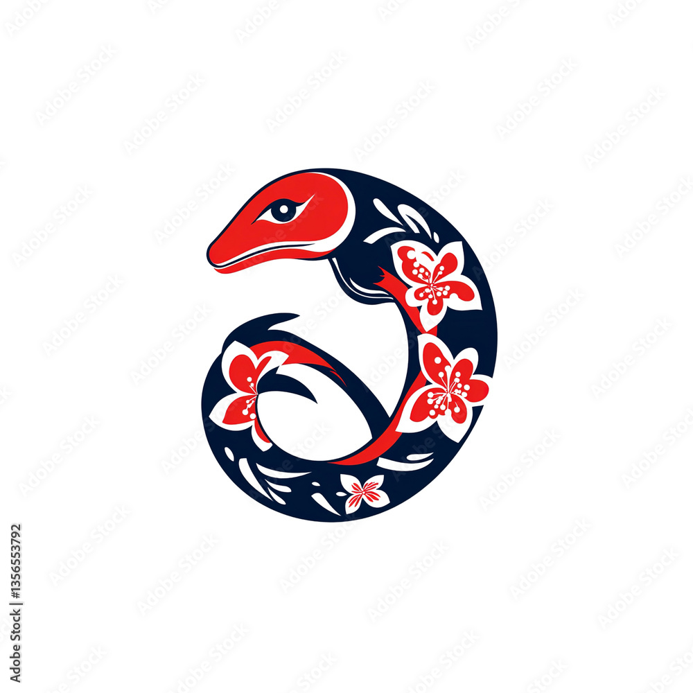 Fototapeta premium Stylized Lizard with Cherry Blossoms Abstract Red and Blue Design