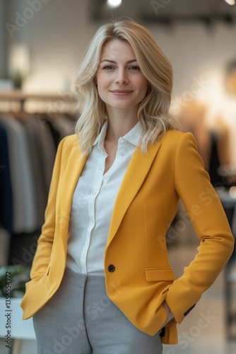 a friendly and attractive saleswoman in a clothing store and boutique