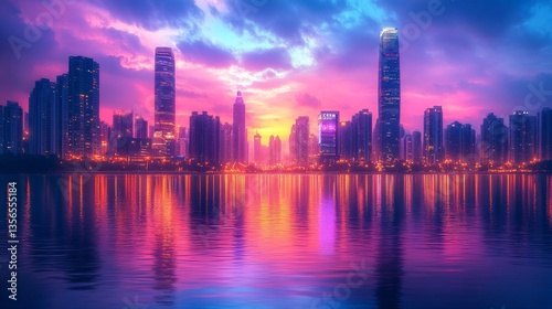 Colorful skyline at sunset over the water with reflections in a vibrant cityscape