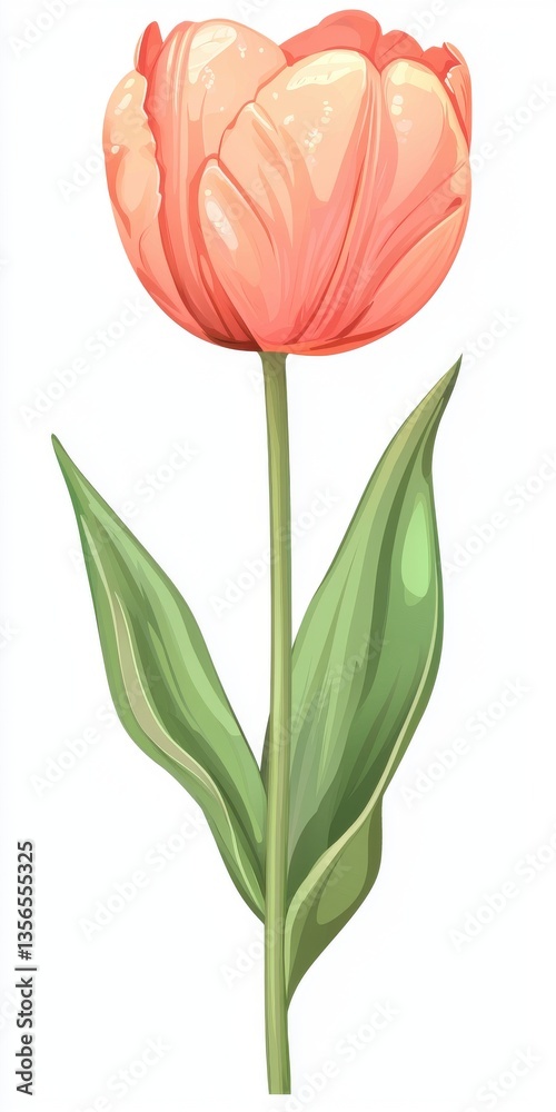 Obraz premium Vibrant Pink Tulip with Lush Green Leaves on a Clean White Background for Floral Design and Spring Theme