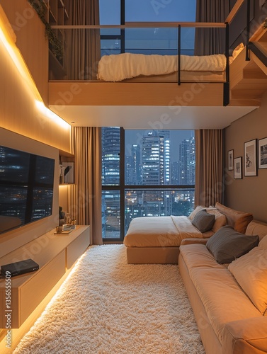 Luxury Loft Living: Capturing the elegance of a modern loft apartment, this photo showcases a chic interior with a cozy bedroom area elevated above the living space, offering breathtaking city views.