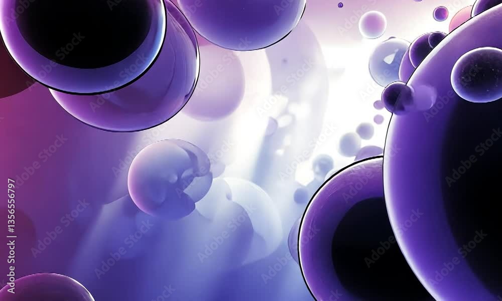 Abstract composition of vibrant purple and blue bubbles floating in a soft light background