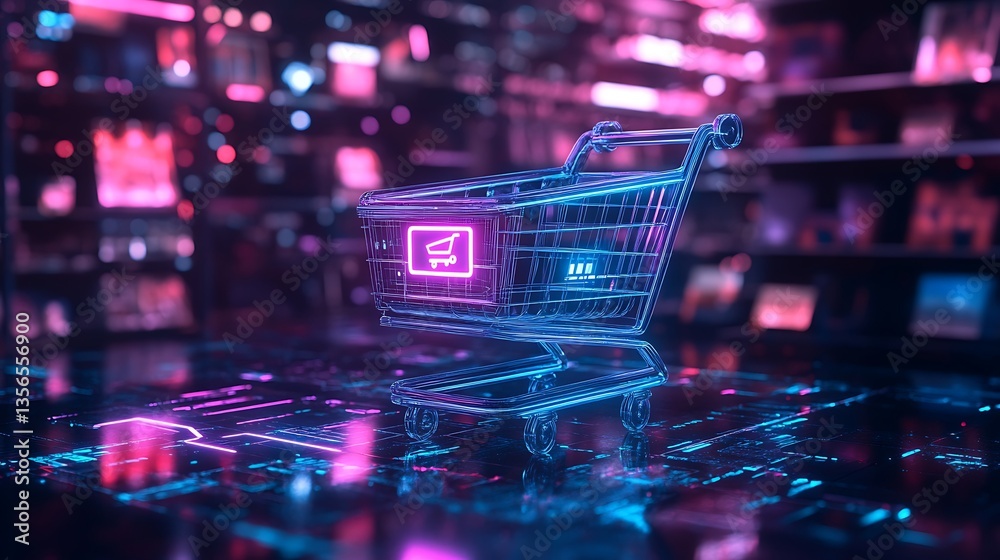 A futuristic digital shopping cart with a glowing wireless payment symbol, floating in a high-tech virtual marketplace, neon blue and purple lighting, cyberpunk aesthetics, ultra-detailed reflections, A futuristic digital shopping cart with a glowing wireless payment symbol, floating in a high-tech virtual marketplace, neon blue and purple lighting, cyberpunk aesthetics, ultra-detailed reflections,