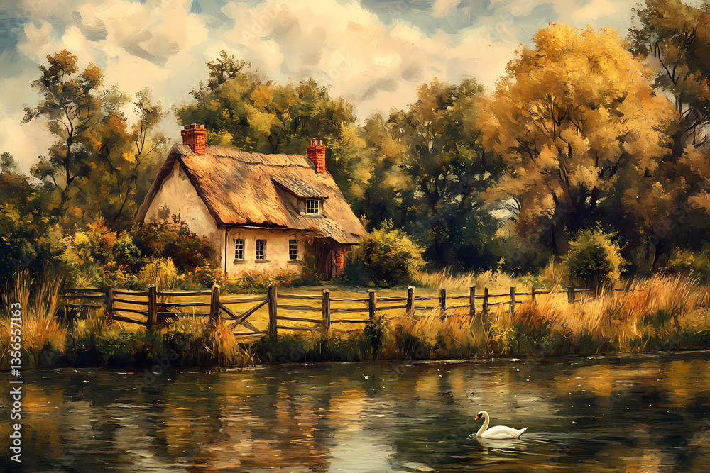 Fototapeta premium Picturesque Cottage by the Lake: Serene cottage with a thatched roof by a tranquil lake, embraced by the warm hues of autumn, evoking a sense of peace and rural charm. 