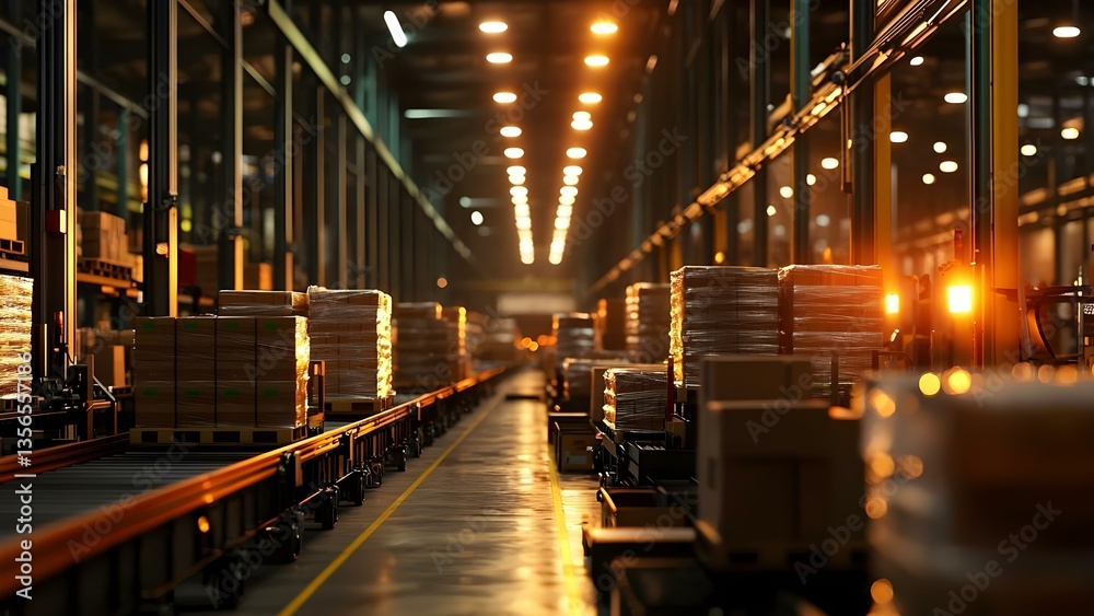 Obraz premium A large warehouse interior with shelves and stacked pallets, illuminated by warm lighting along a conveyor system. Concept Warehouse Interior Design, Efficient Storage Solutions