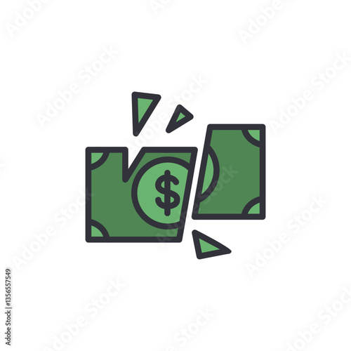 Broken money colored icons, minimalist vector illustration ,simple transparent graphic element .Isolated on white background