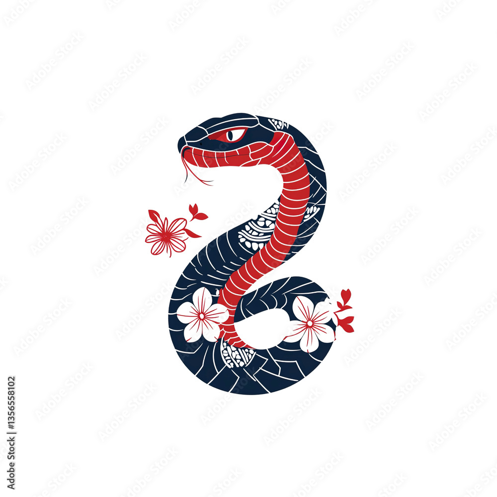 Obraz premium Elegant Red and Blue Snake with Cherry Blossoms - Artistic Animal Illustration