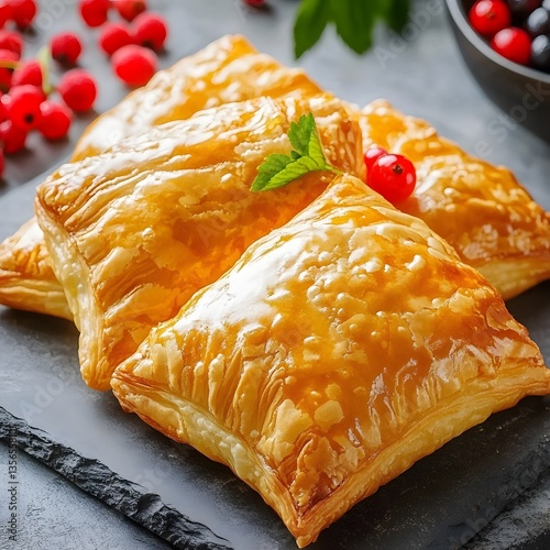 Golden Puff Pastry Squares with Berries, Delicious Homemade Baked Goods