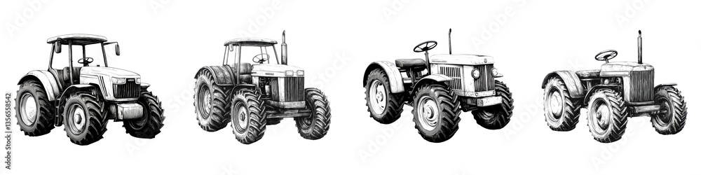 Obraz premium Black and white sketches of various vintage tractor models highlighting the mechanical design and engineering of classic farm equipment