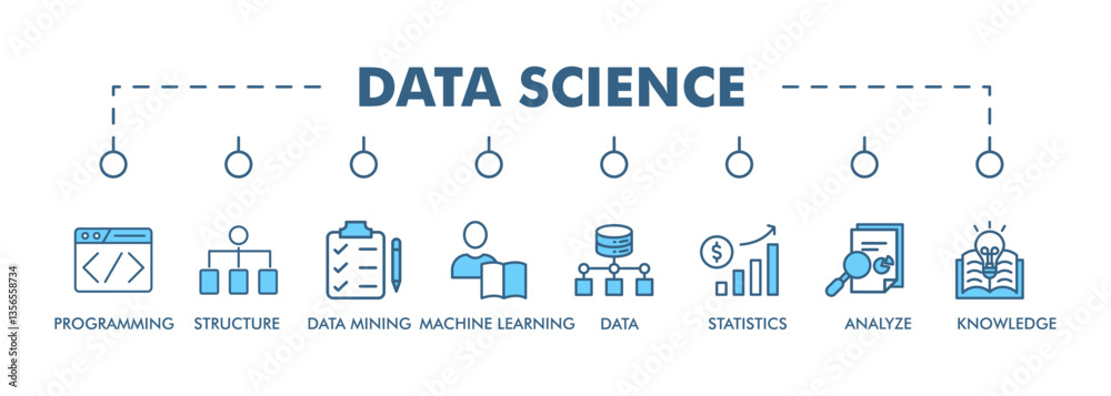 DATA SCIENCE banner web icon vector illustration concept for product and service quality inspection with an icon of programming, structure, data mining, machine learning, data, statistics, analyze, DATA SCIENCE banner web icon vector illustration concept for product and service quality inspection with an icon of programming, structure, data mining, machine learning, data, statistics, analyze,