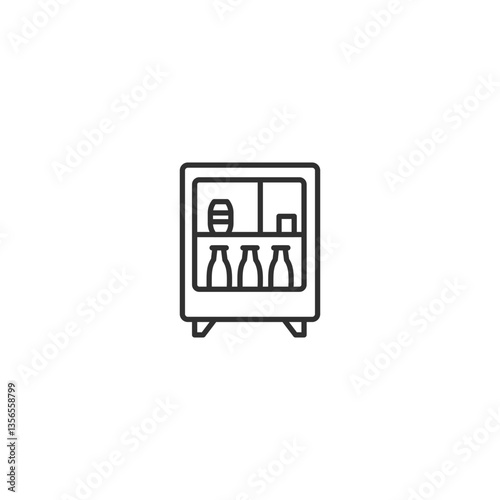 Mini fridge icon with drinks and snacks outline.