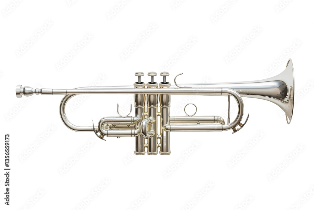 Fototapeta premium Silver trumpet isolated on white background with detailed valves and mouthpiece, cut out