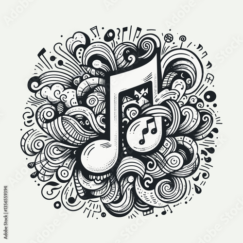 black and white music notes doodle illustration with abstract swirls and patterns