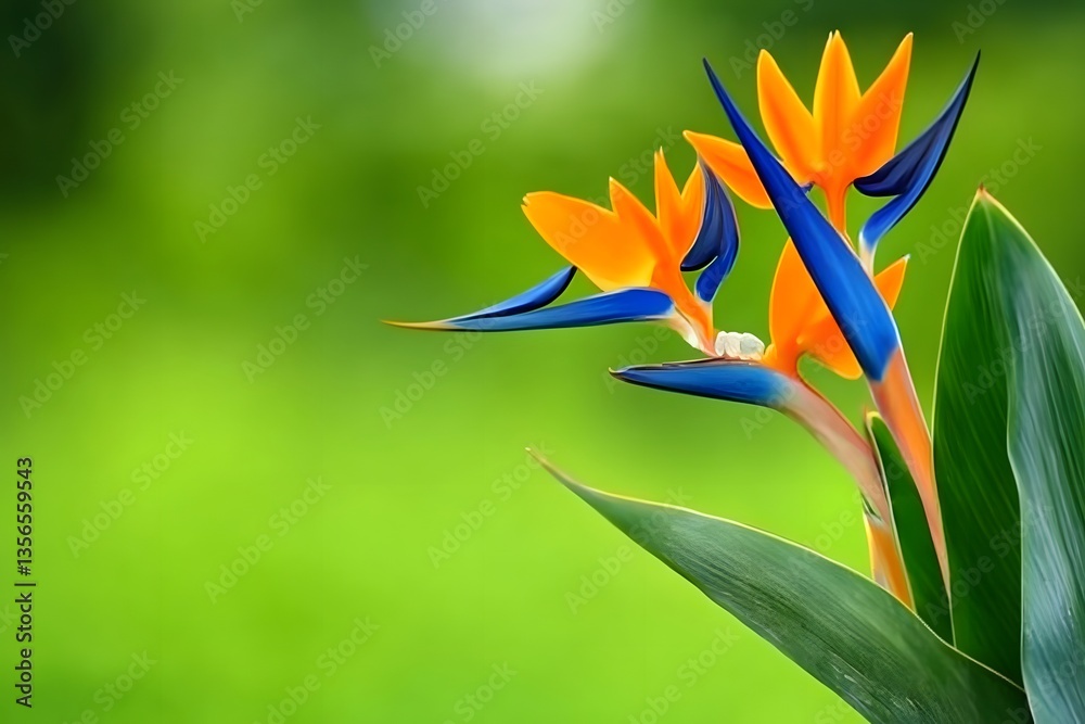 Obraz premium Vibrant Bird of Paradise Flowers on Green Background