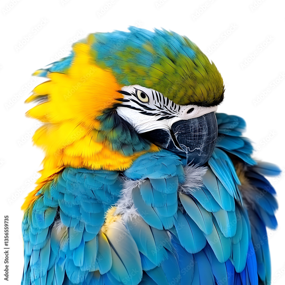 Obraz premium Blue and yellow macaw perched on branch, colorful parrot on white background PNG,AI GENERATED