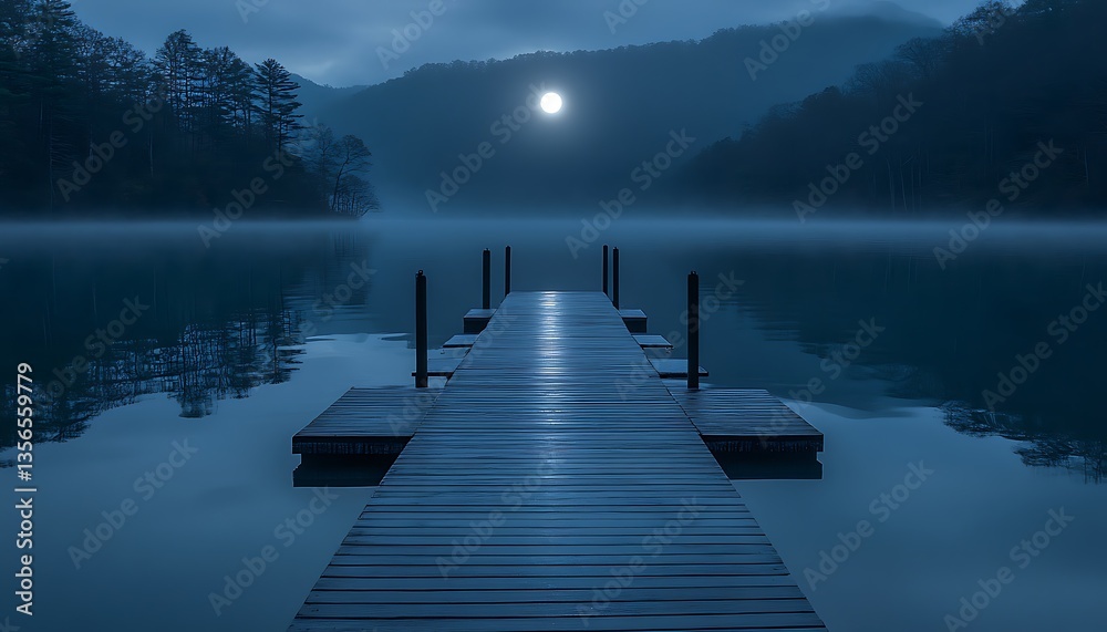 Naklejka premium Misty Moonlight Dock at Lake.