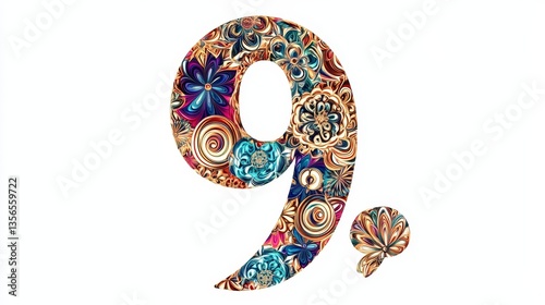 Letter 9 with mandala elements, png letter with decorative typography art transparent background