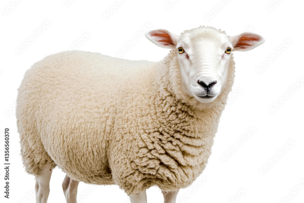 Close-up of a white sheep with thick wool on a plain background, cut out Close-up of a white sheep with thick wool on a plain background, cut out