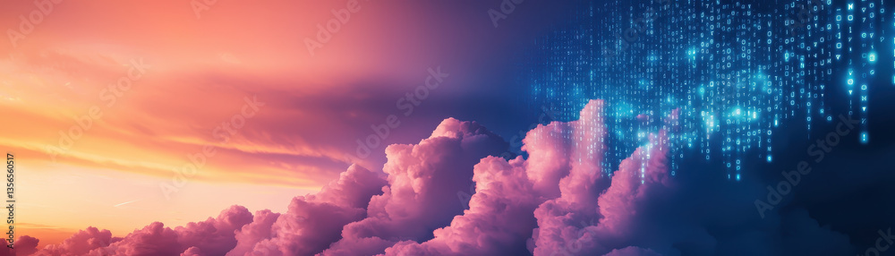 stunning digital landscape featuring vibrant clouds illuminated by colorful sunset, with cascade of glowing data points creating futuristic