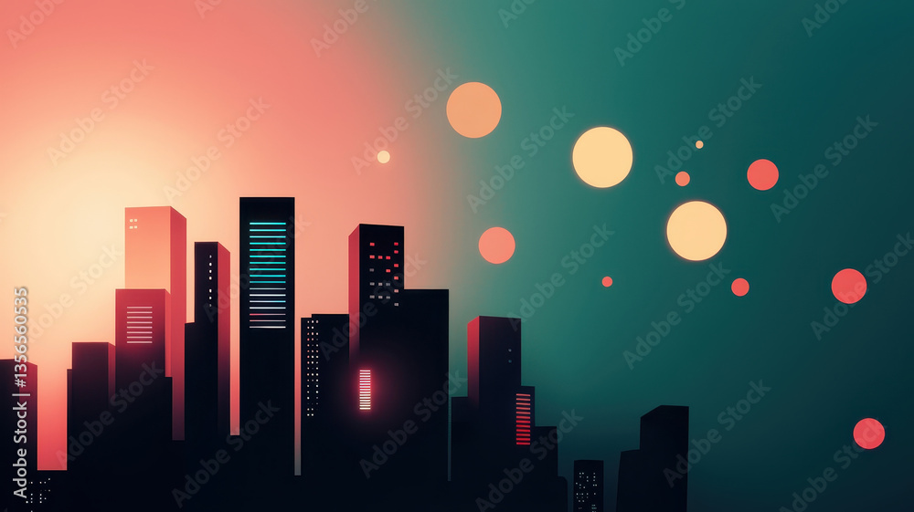vibrant cityscape silhouette against colorful sunset, featuring abstract shapes and glowing lights that evoke futuristic atmosphere