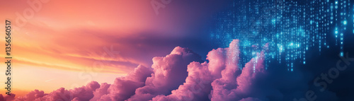 Obraz na płótnie stunning digital landscape featuring vibrant clouds illuminated by colorful sunset, with cascade of glowing data points creating futuristic w salonie