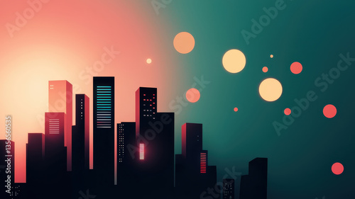 Obraz na płótnie vibrant cityscape silhouette against colorful sunset, featuring abstract shapes and glowing lights that evoke futuristic atmosphere w salonie