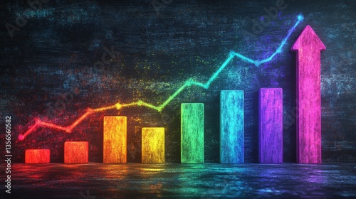 Colorful bar graph illustrates upward trend with creative rainbow design on dark background