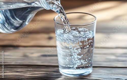Pouring Fresh Water into Glass on Wooden Table