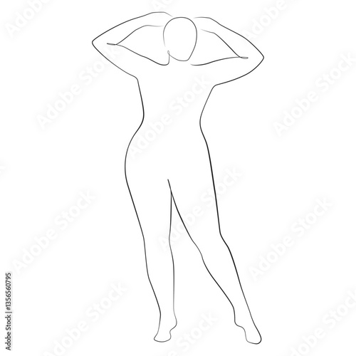 Curvy woman line drawing on white isolated background. Plus size model, body positive concept