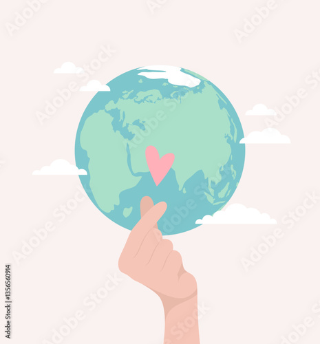 Hand showing heart sign with fingers with Earth globe on background. Flat vector illustration