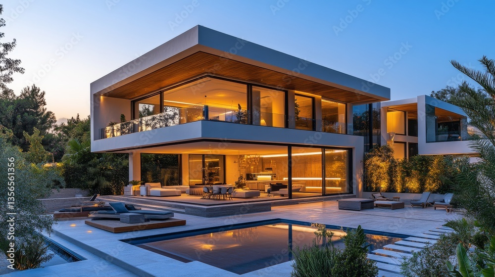 Modern luxury home with breathtaking architecture and serene outdoor space at twilight Modern luxury home with breathtaking architecture and serene outdoor space at twilight
