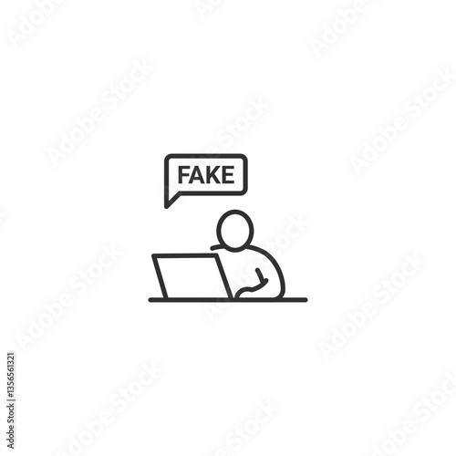 Person at laptop with fake news speech bubble icon on white background.
