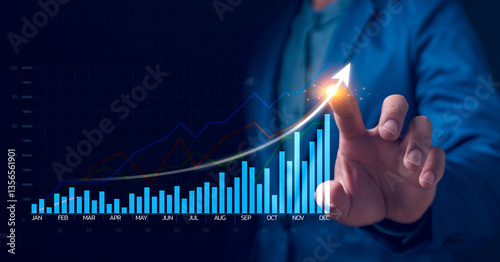 Obraz na plátně 2024 to 2025 business financial plan market concept, performance of profit growth on 2024, education trend up finance on growth graph money revenue, Businessman analyzes profitability of working