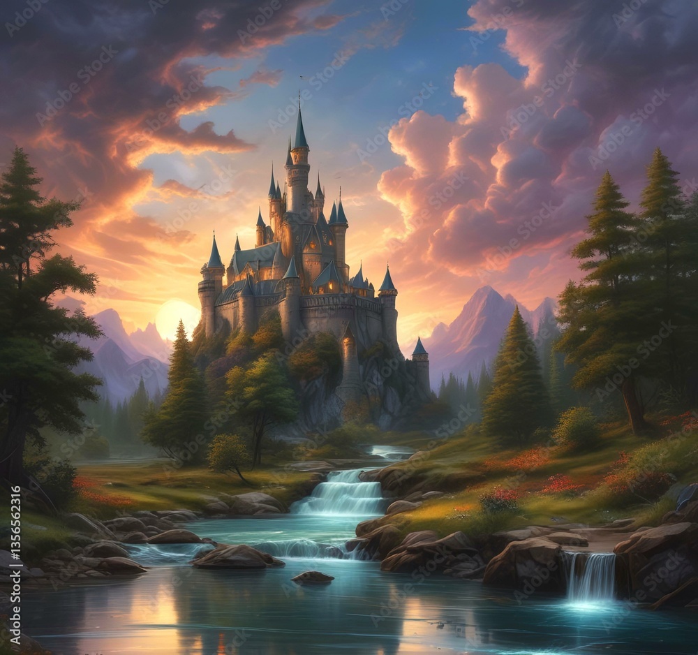 Naklejka premium Illustration of fantasy forest with creek and tower castle.