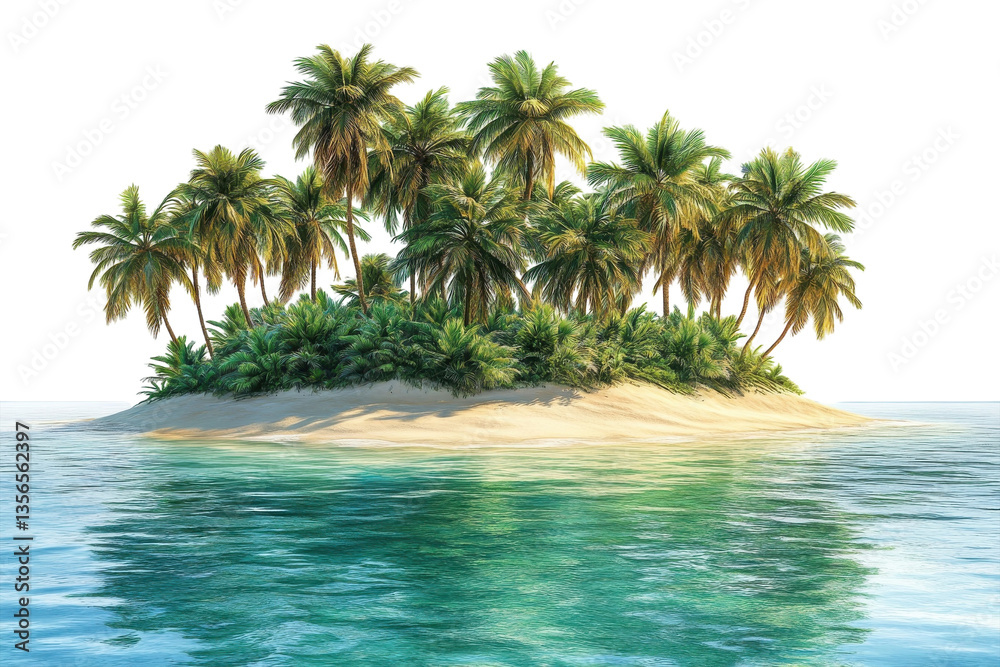A Serene Tropical Island Paradise, A Secluded Haven Of Lush Palm Trees And Pristine White Sand Beach, Bathed In Sunlight, Reflecting In Tranquil Turquoise Waters Isolated on Transparent Background A Serene Tropical Island Paradise, A Secluded Haven Of Lush Palm Trees And Pristine White Sand Beach, Bathed In Sunlight, Reflecting In Tranquil Turquoise Waters Isolated on Transparent Background