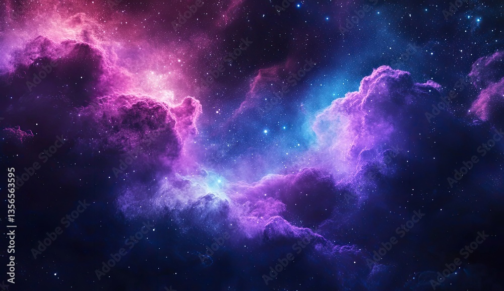 Fototapeta premium Deep space nebulae display vibrant colors. Cosmic clouds swirl with various hues of pink, purple, and blue. Stars are scattered across the inky backdrop