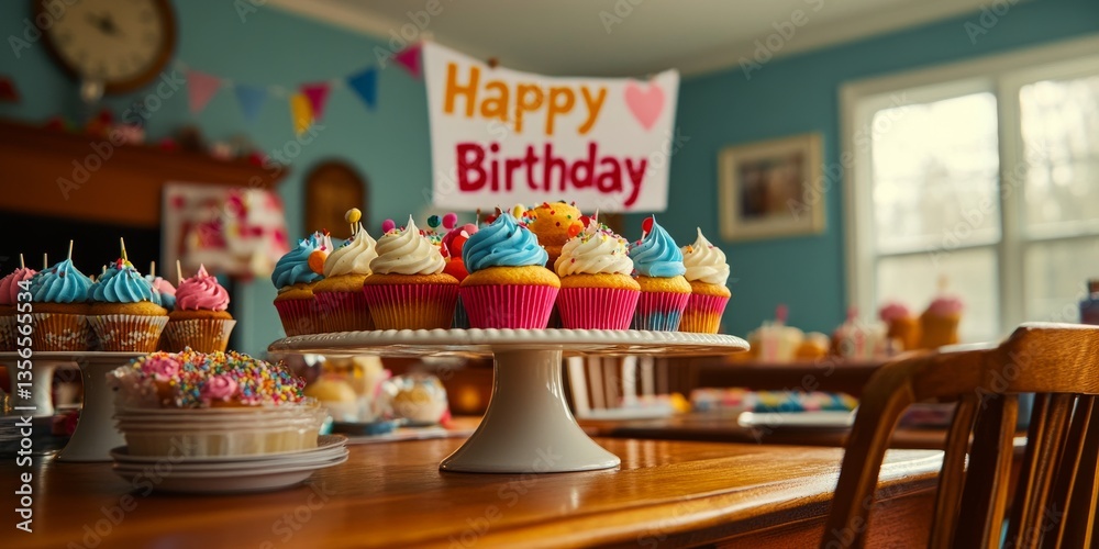 Naklejka premium Cupcakes displayed on table during birthday party celebration