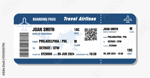 Ticket to Detroit, Michigan. Boarding pass template with generic data. Travel flight ticket vector illustration with QR code.