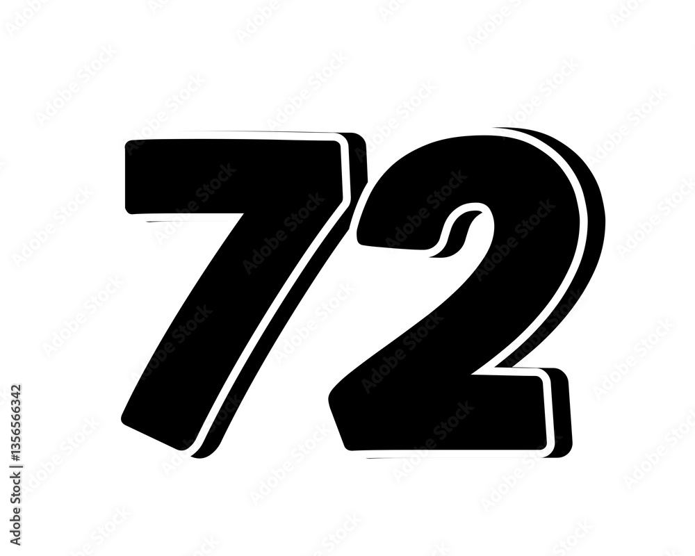 Stylized black number 72 on transparent background, with a bold, 3D appearance and shadow effects for added depth and dimension. Stylized black number 72 on transparent background, with a bold, 3D appearance and shadow effects for added depth and dimension.