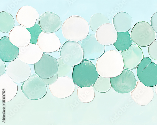 Abstract artwork featuring overlapping circles in shades of green and white against a soft blue background