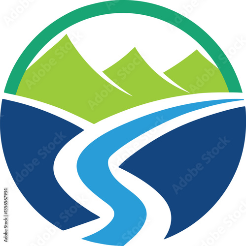 Mountains and a winding river, enclosed within a harmonious circular design logo