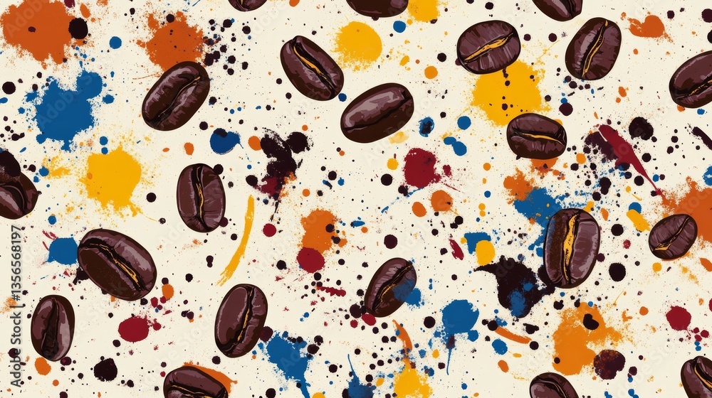 Roasted coffee beans and paint splashes. Seamless pattern. Watercolor hand drawn illustration. Ingredient for aromatic invigorating drink. Template for food design, wallpaper, textile, packaging. Roasted coffee beans and paint splashes. Seamless pattern. Watercolor hand drawn illustration. Ingredient for aromatic invigorating drink. Template for food design, wallpaper, textile, packaging.