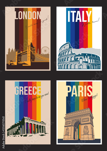 Main European Landmarks, United Kingdom, Italy, Greece, France Sights. 1970s - 1980s Color Lines Postcards, London, Rome, Athens, Paris Landmark Posters