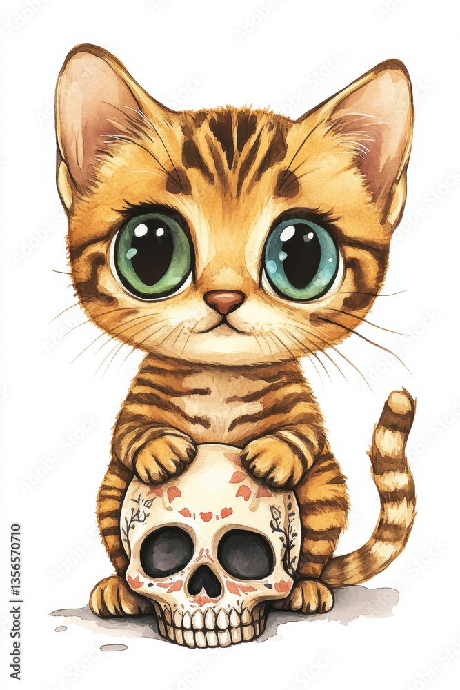Adorable Kitten with Large Eyes Holding a Decorative Skull Adorable Kitten with Large Eyes Holding a Decorative Skull