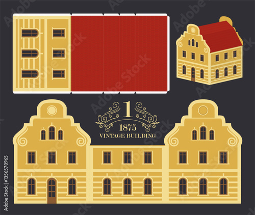 Old building in classic baroque style with red roof and yellow walls. Vector mockup for paper. Cute vintage christmas toy house